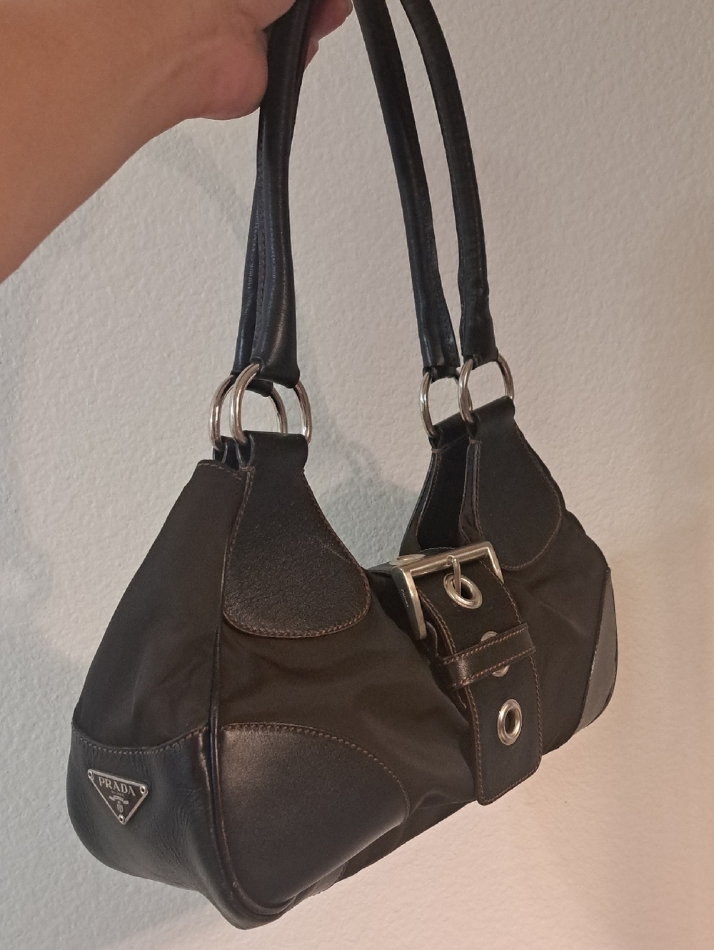 Prada Black Leather & Nylon Hobo Shoulder Bag with Silver Hardware